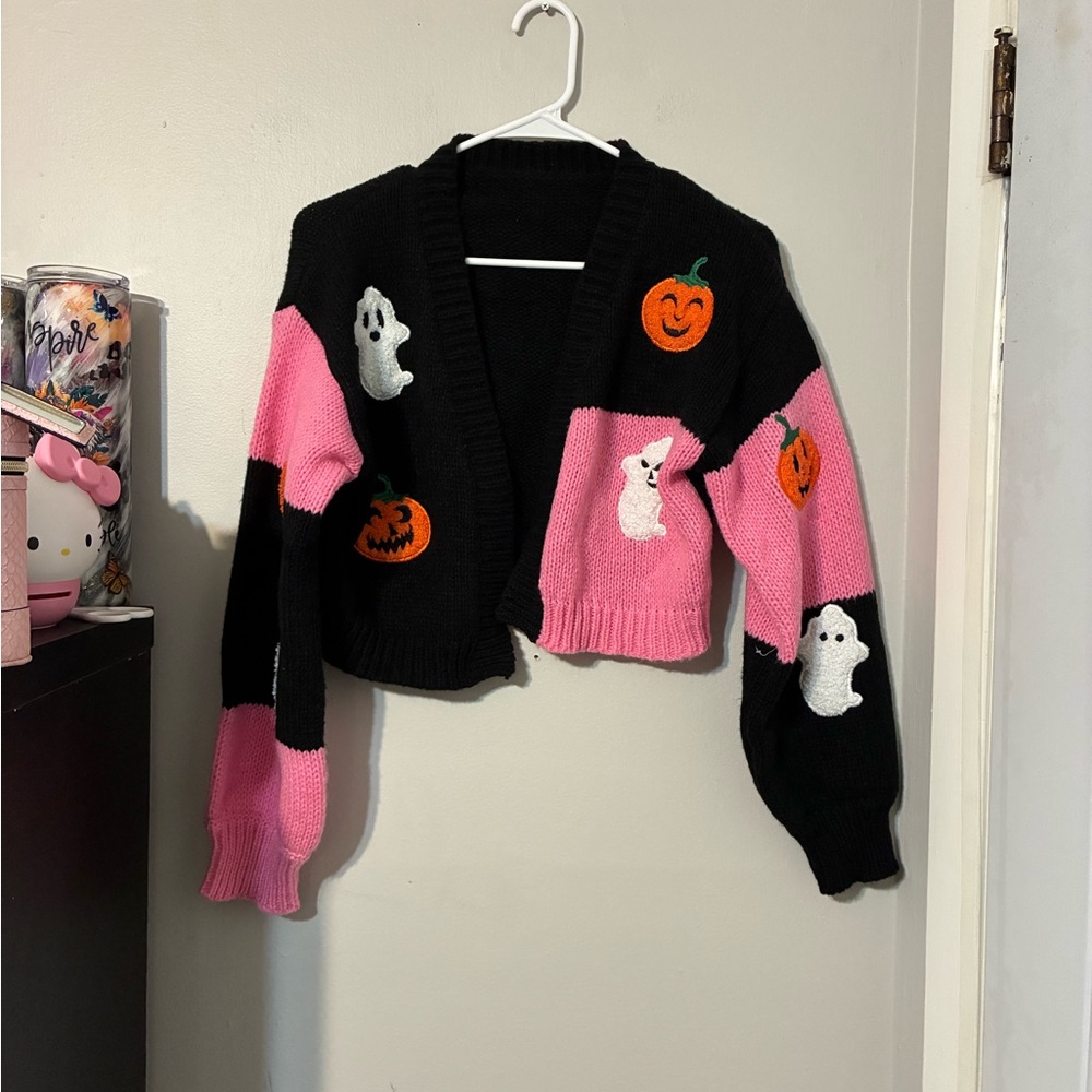 Black and Pink Halloween Patch Knit Sweater